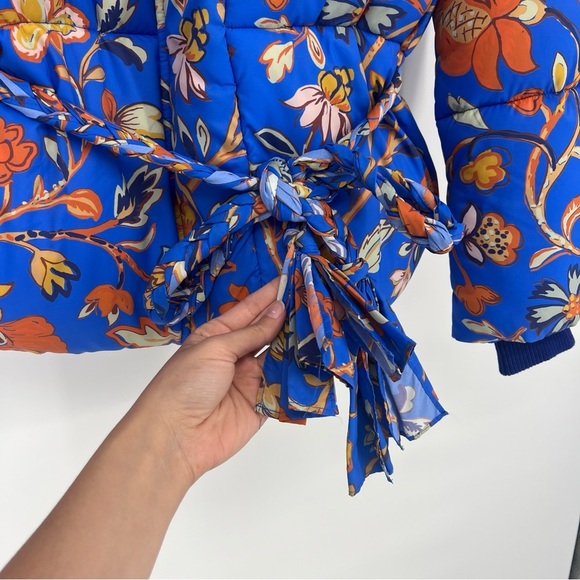 RHODE Blue Orange Floral Wrap Hooded Winter Designer Boho Puffer Coat Small NWOT - Picture 3 of 8